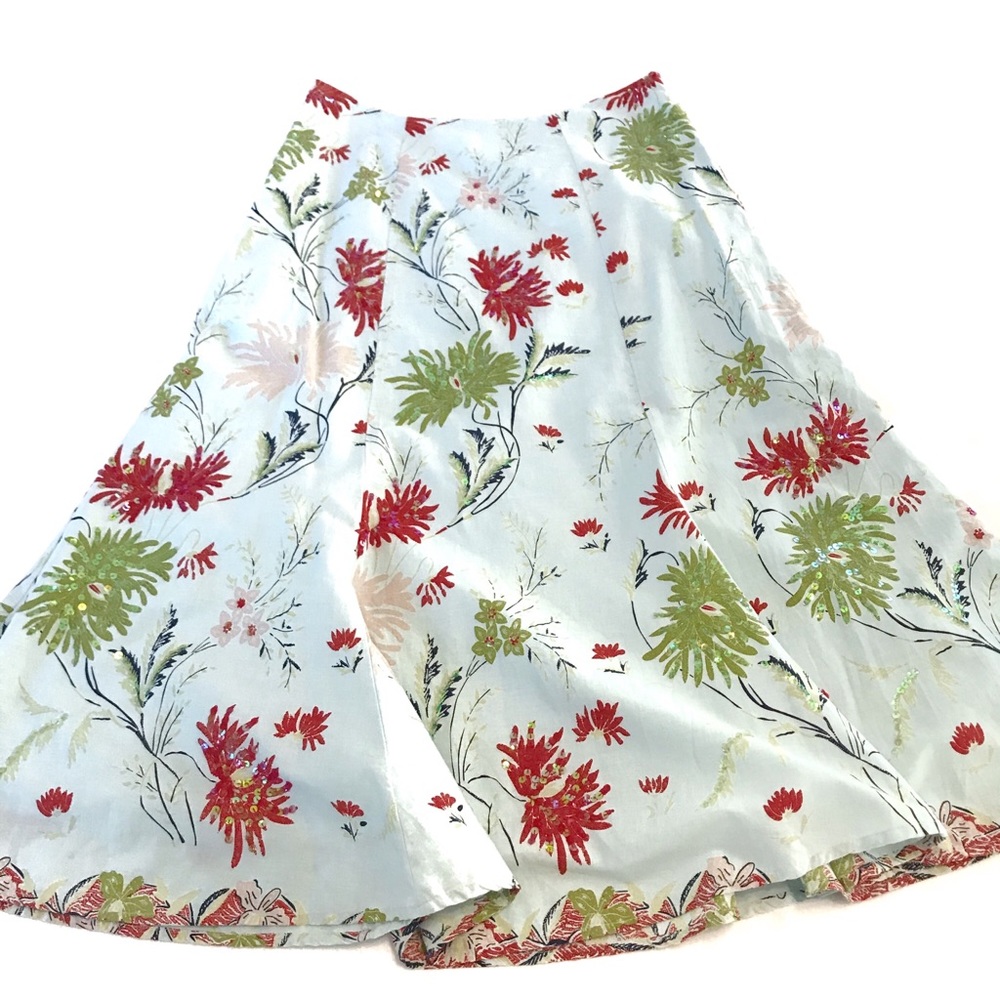 White Floral A-Line Skirt with Red & Green Blooms